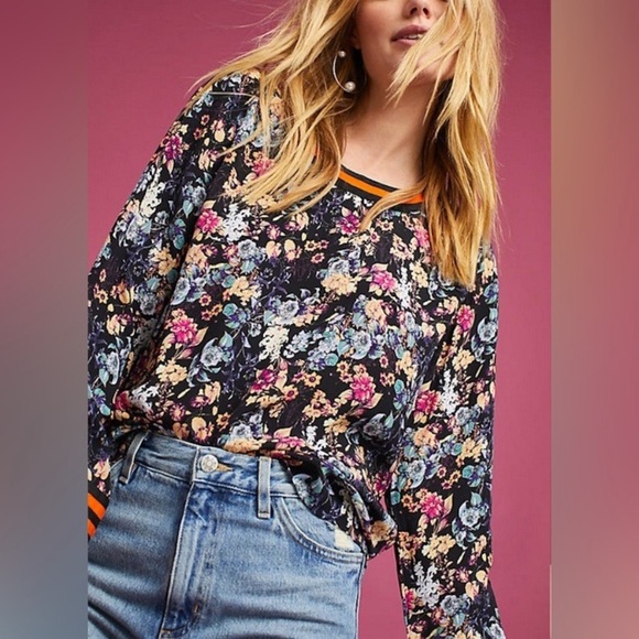 Anthropologie Tops - Anthropologie Rdalamal Black Floral Top Blouse Size 12 Long Sleeves